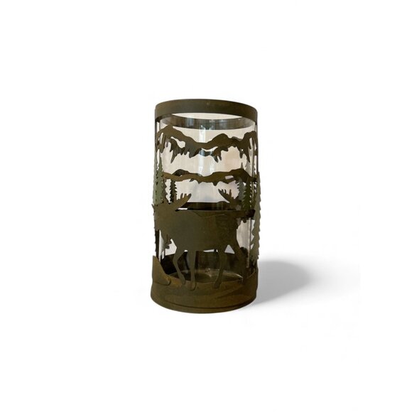 Rustic Moose & Pine Metal Candle Holder Lantern 7.5" Tall Woodland Forest Theme - Picture 2 of 4